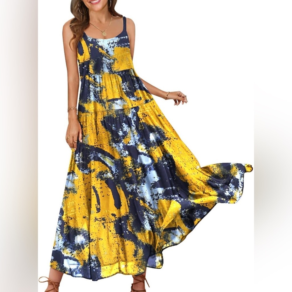 Abstract Print Maxi Dress in Yellow and Navy